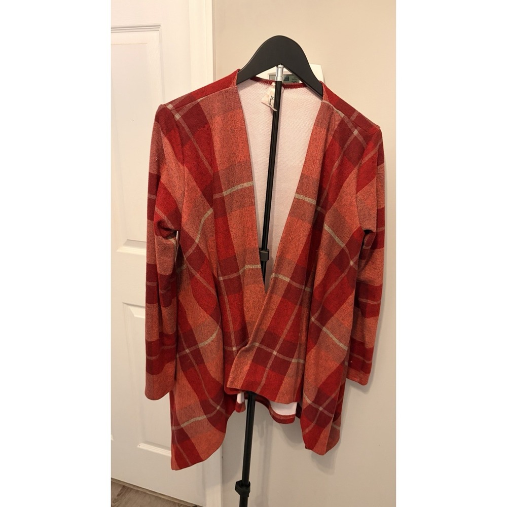 Lovely J Red Plaid Draped Open Front Cardigan Sm Transition Layer Waterfall EUC